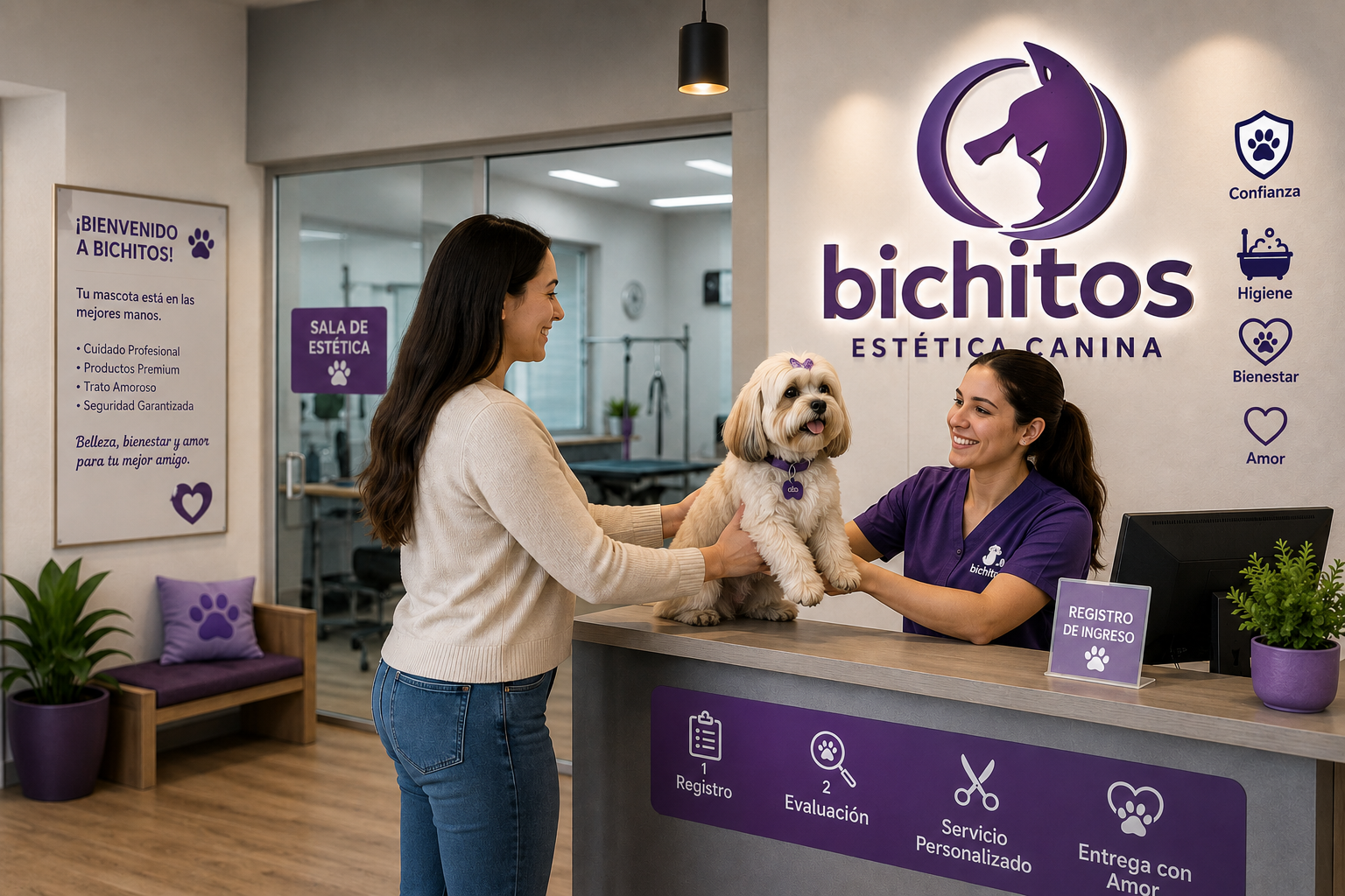 Recepción del salón de Estética Canina Bichitos, con tutora entregando a su mascota
